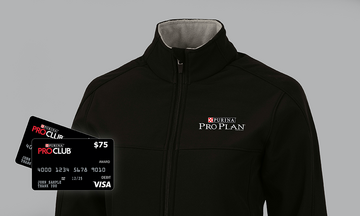 image of black jacket with pro plan logo and two pro club membership cards