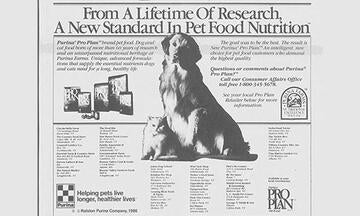 Pro Plan Performance dog food vintage ad excerpt featuring a golden retriever and white Persian cat