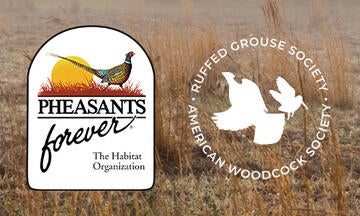 Pheasants Forever logo and Ruffed Grouse Society logos over a field background