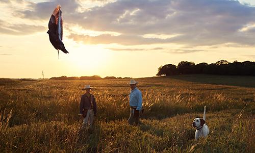 Two men standing in a field with a hunting dog