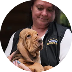 Tina Kocar holding a Bloodhound puppy.